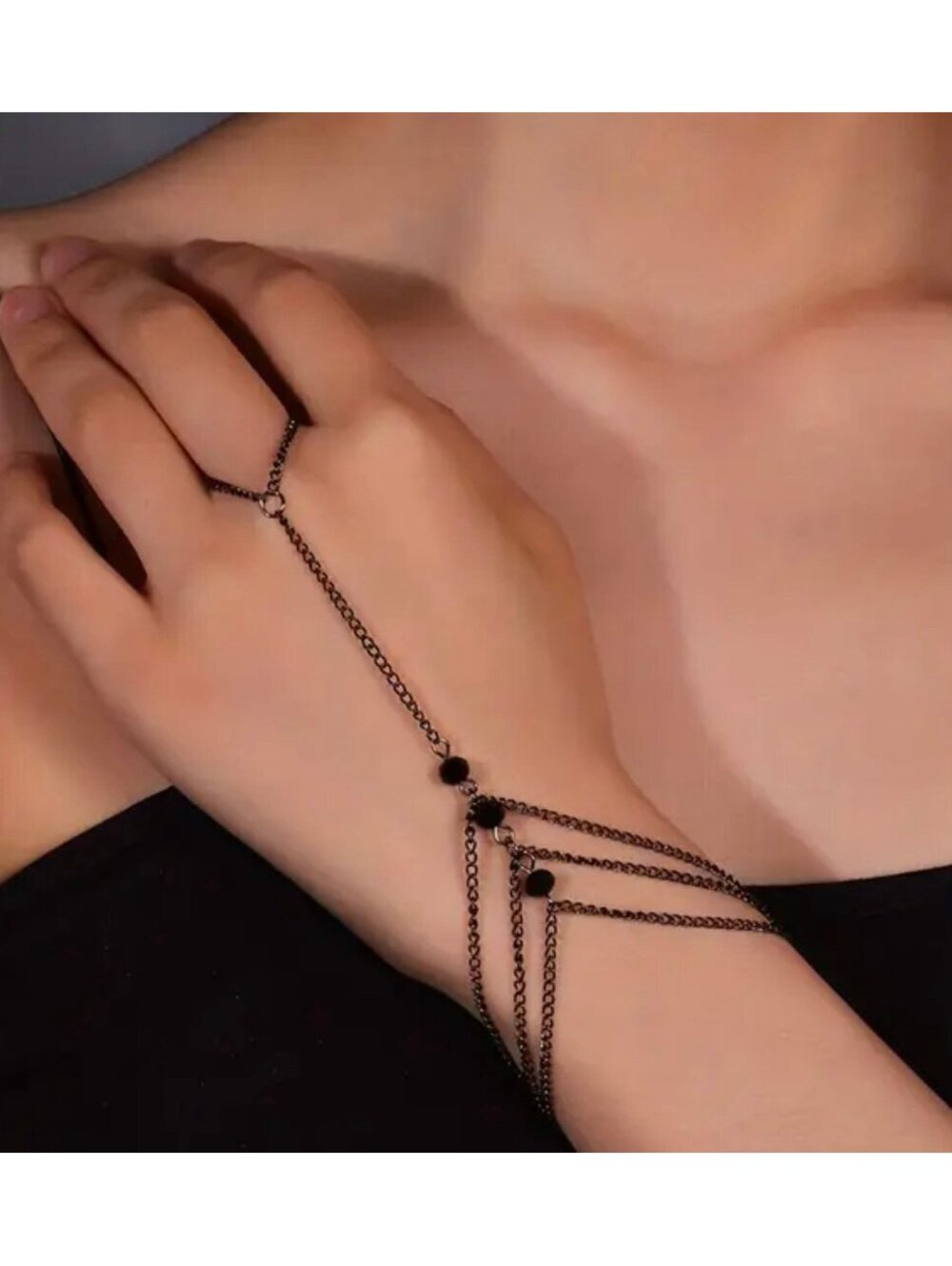 New - Elegant - Vintage Inspired Black Beaded Design Hand Chain Ring /Bracelet